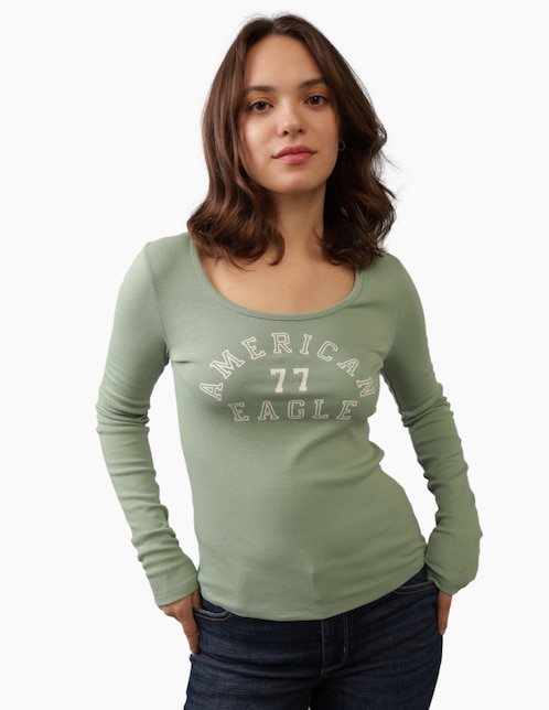 Playera manga larga American Eagle cuello redondo para mujer