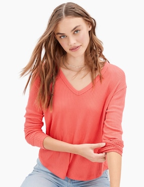 Playera manga larga American Eagle cuello v para mujer
