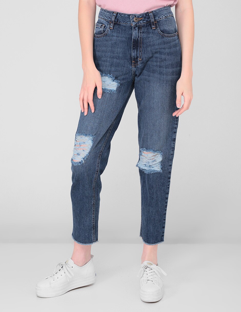 Jeans mom Silver Plate lavado destruido corte cintura alta para mujer en SB