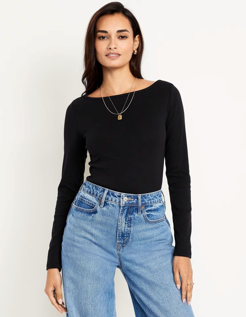 Playera manga larga cuello ojal para mujer